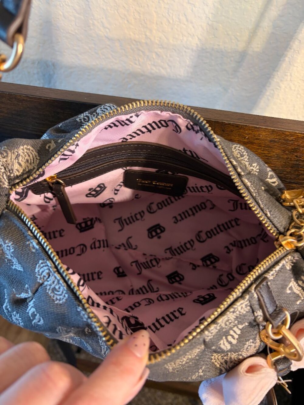 Juicy Couture Fan Club Brown Monogram Satchel Shoulder Bag Bow Charm - Picture 6 of 7